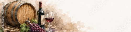 Rustic watercolor wine barrel, bottle, glass and purple grapes arranged on the left, with generous copy space on the right.