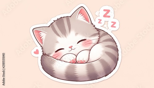 A tiny kitten curled up tightly while sleeping, fluffy tail wrapped around its body, rosy cheeks, little paws near its face, peaceful smile, miniature “Zzz” bubbles floating above