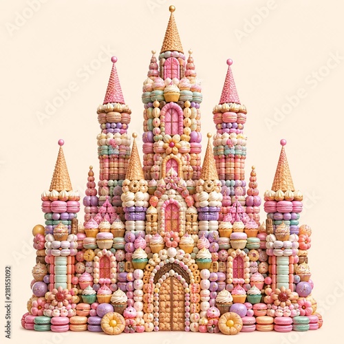 Pastel Fantasy Candy Castle Made of Sweets on Beige Background