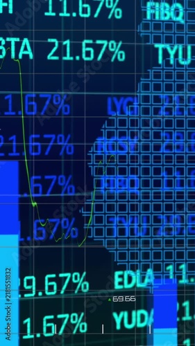 Animation of statistical and stock market data processing over world map against blue background