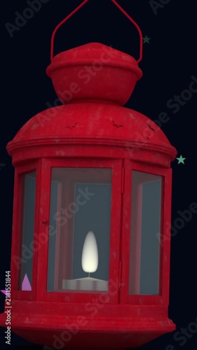 Animation of red christmas lamp icon over multiple colorful stars falling against black background