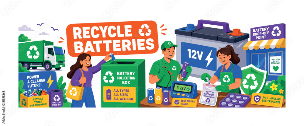 Naklejka premium Battery Recycling Program lively banner scene with two workers and a resident sorting around an oversized collection box and giant car battery, one tests rechargeable cells while another seals button