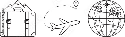 Minimalist Travel Tattoo Flash Sheet with Suitcase Airplane Flight Path and Globe Symbols