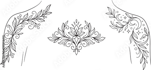 Professional Ornamental Shoulder Tattoo Flash Sheet with Botanical Floral and Celestial Designs