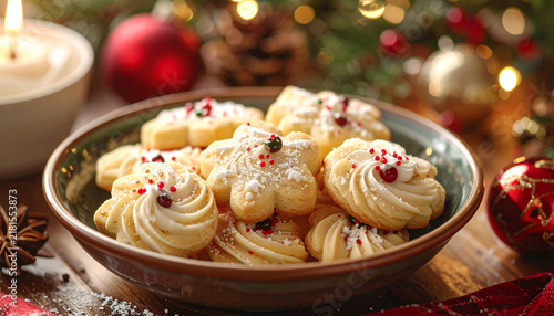 Festive Christmas cookies in a bowl with holiday decorations background