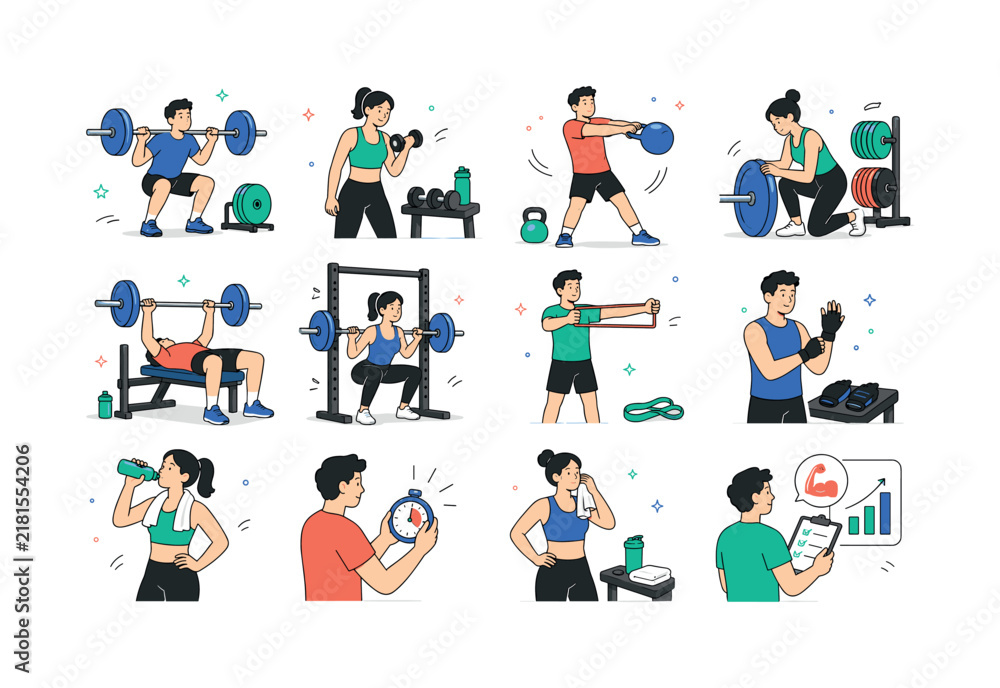 Fototapeta premium Strength Training Visual Series. Resistance exercise, barbells, dumbbells, kettlebells, weight plates, benches, squat racks, bands, gloves, hydration, timing, recovery, footwear, and progress. 12