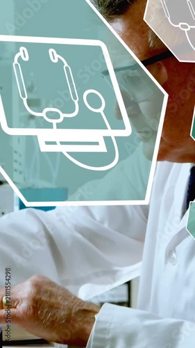 Animation of multiple icons over caucasian scientist mixing and injecting liquid in beaker