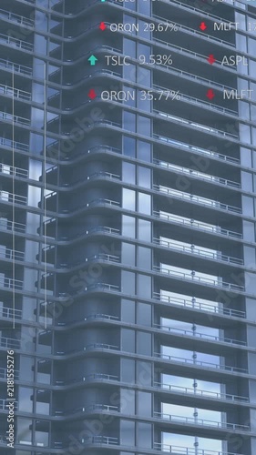 Animation of statistical and stock market data processing against tall buildings