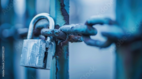 Rusty padlock on metal gate security image