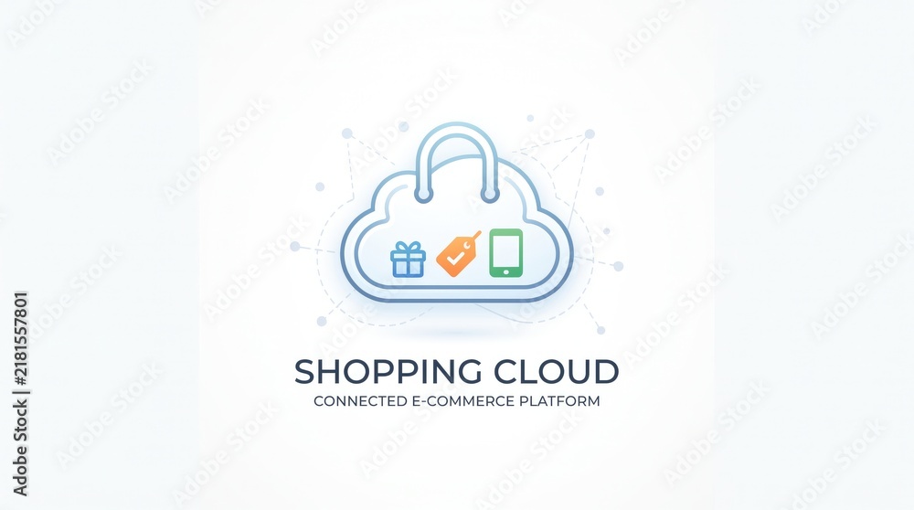 Fototapeta premium Cloud shape shopping bag containing gift box and phone for digital store with mobile phone e commerce cloud online shop cloud icon digital market retail cloud computing shopping app