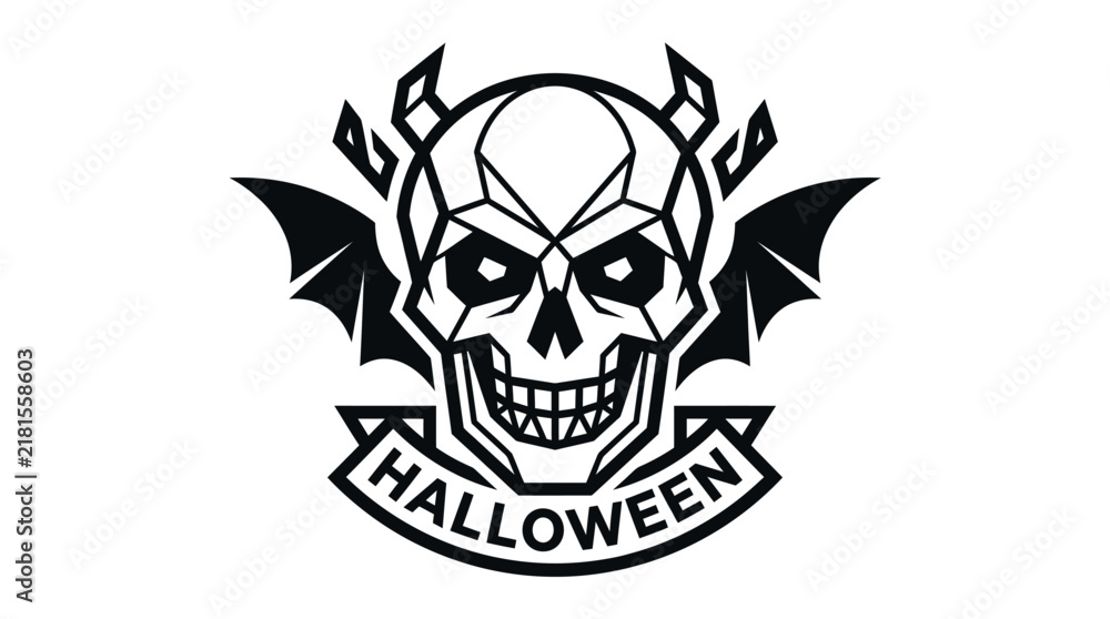 Fototapeta premium Stylized Geometric Skull Emblem with Bat Wings and Halloween Banner.