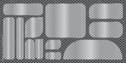 Glassmorphism ui elements vector set transparent frosted glass banners, buttons, and panels with blur effect and gradient highlights