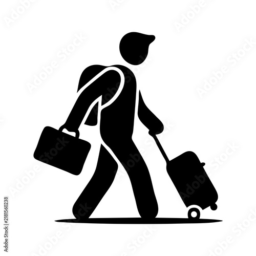 Traveling Passenger Walking with Luggage Trolley and Briefcase Pictogram Icon
