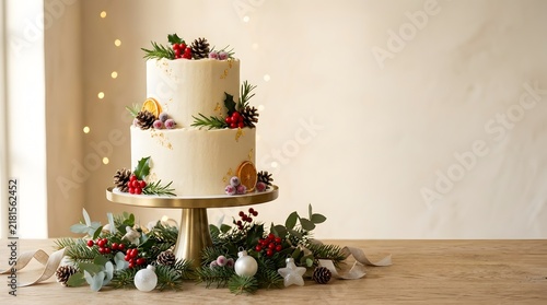 Two-tier Christmas cake decorated with festive greenery and berries on a gold stand