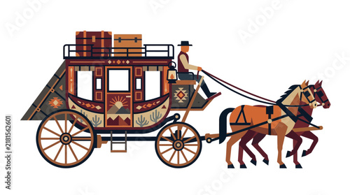 Vintage Western Stagecoach Drawn by Two Horses with Driver.