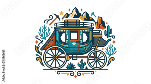 Vintage Western Stagecoach Illustration in Retro Flat Design Style.