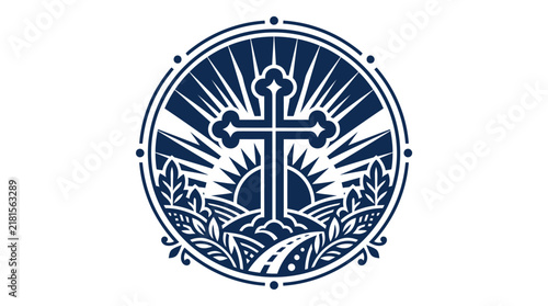 Christian cross emblem with sunrise and landscape illustration.