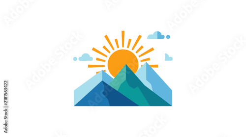 Minimalist geometric mountain range icon with a rising sun.