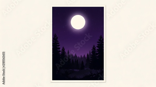 Full moon over a dark pine forest silhouette at night with a purple sky background.