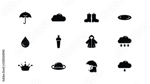 Obraz na płótnie Black silhouette icons of rain gear and weather elements in minimalist style wit