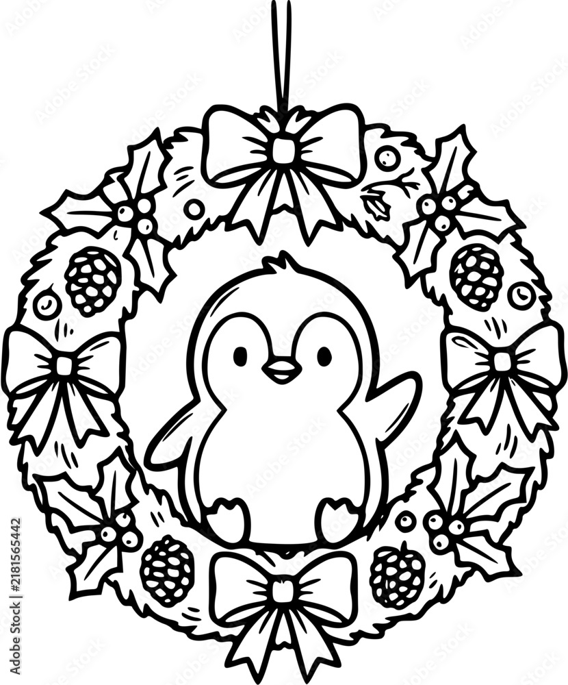 Fototapeta premium Penguin In Christmas Wreath Hand Drawn Christmas Penguin Doodle SVG Vector Illustration