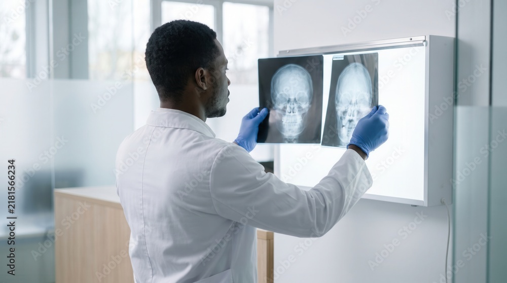 Fototapeta premium Doctor Examining X Ray Films Of A Human Skull On Light Box In Modern Clinic