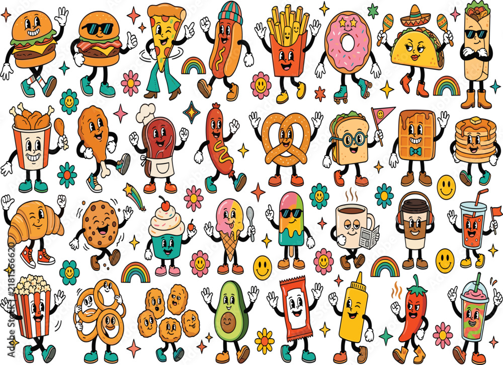 Obraz premium Cute fast food character collection featuring burgers fries donuts tacos hot dogs pretzels and snacks with playful cartoon mascots