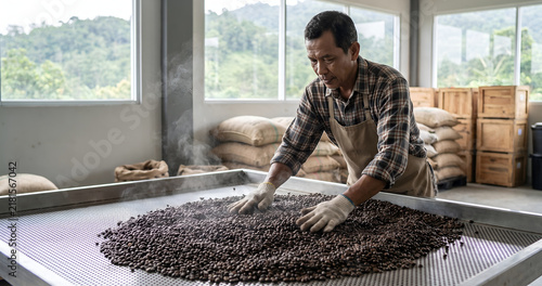 Coffee Farmer Cooling Freshly Roasted Coffee Beans