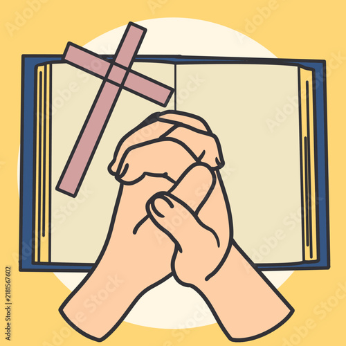 Religious Devotion with Praying Hands and Bible Cartoon. Suitable for church materials, Christian publications, Bible study resources, prayer groups, religious websites, inspirational content, etc