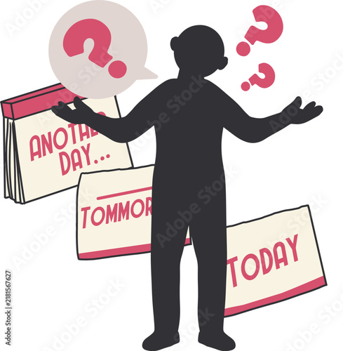 Delaying Tasks and Procrastination Concept Cartoon. Perfect for business presentations, productivity articles, educational materials, workplace concepts, and self-improvement content.