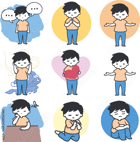 Feelings and Inner Peace Emotion Boy Set Cartoon. Ideal for social emotional learning, mental wellness, mindfulness education, children books, posters, and character art.