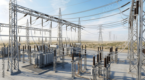 High Voltage Electrical Substation Power Grid Infrastructure Transmission Tower Transformer Distribution Equipment Electricity Energy Utility Engineering System Industrial Outdoor Technology Network 