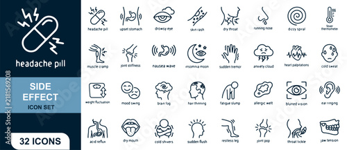 Side Effect Icon Set with Various Medical Symptoms and Conditions Illustrated