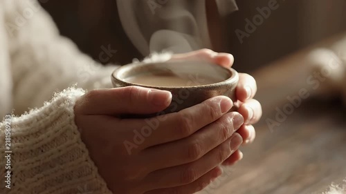 Woman holding a steaming hot cup of coffee or tea in a cozy knit sweater at home.