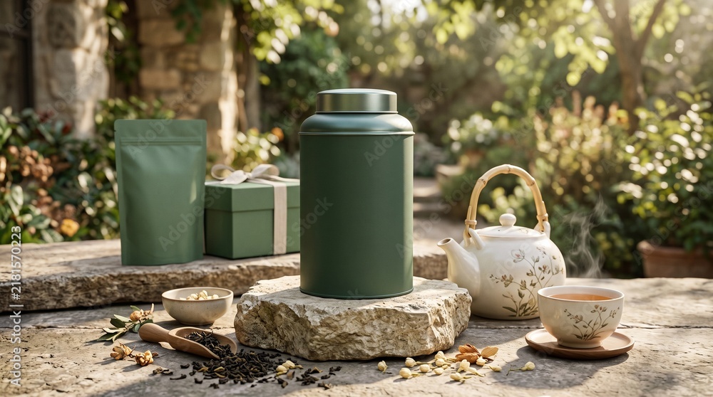 Obraz premium Green tea tin on stone pedestal with teapot and tea leaves in a sunlit garden setting