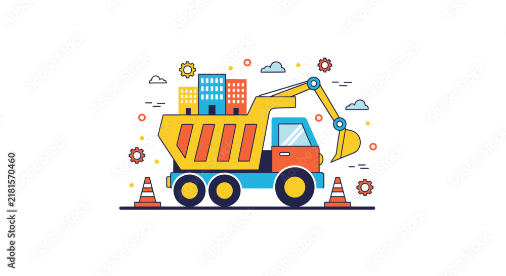 Naklejka premium Cartoon Construction Truck Carrying Buildings Illustration.