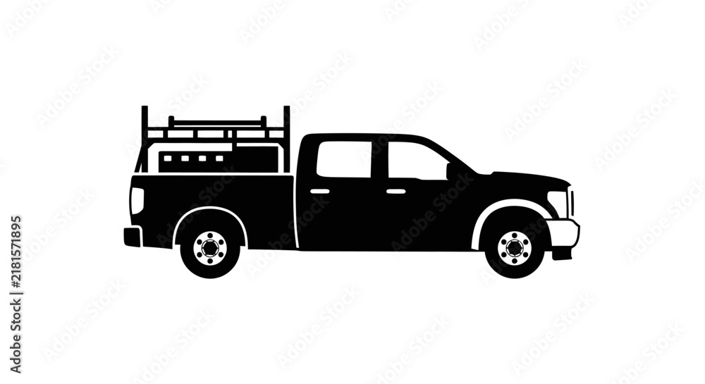Fototapeta premium Silhouette icon of a commercial pickup truck with ladder rack.