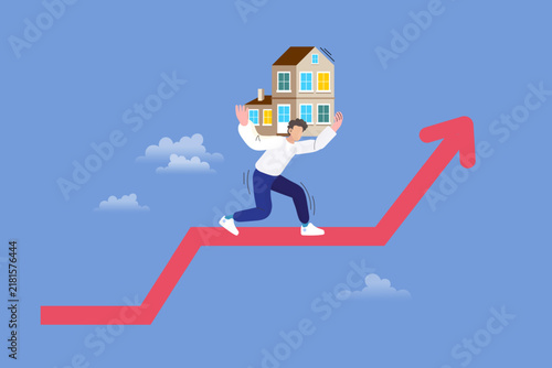 Stressed homeowner lifting residential building on growth trend line, tailored for housing bubble awareness presentations, home loan payment coaching, economic crisis blogs, and credit risk media.