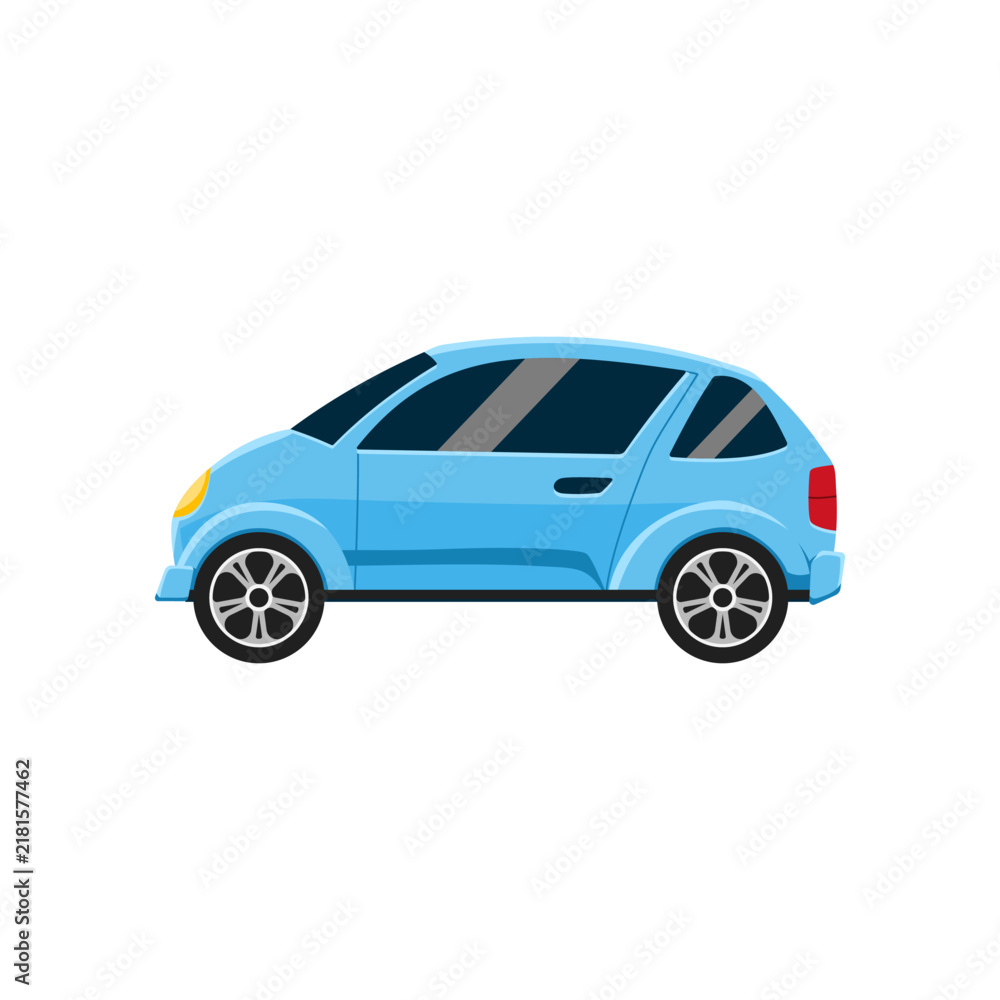 Naklejka premium Blue compact car side view isolated on white background