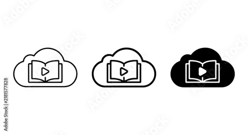 Cloud Storage Icons: Open Book with Play Button, Digital Learning, Online Education, E-book Storage