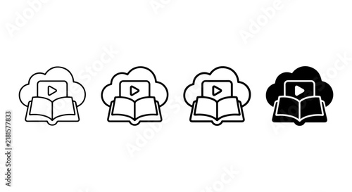 Digital Learning Icons: Cloud Book Video Play Symbol Set, Online Education Vector Graphics