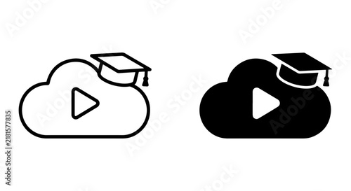 Cloud Education Icons, Online Learning Play Button, Graduation Cap Vector Set