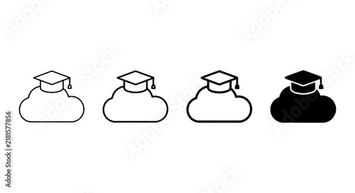 Cloud Graduation Cap Icons, Education Learning Symbols, Online Study Concepts, Digital Knowledge Icons