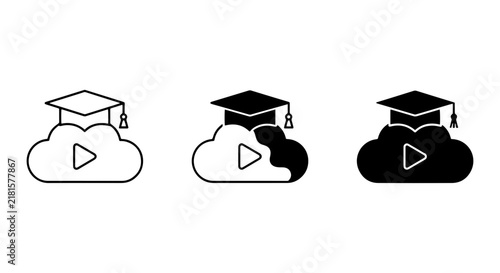 Cloud Education Icons, Graduation Cap and Play Button Vector Set, Online Learning Symbols