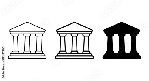 Classic Greek Temple Icons, Government Building Symbols, Architectural Facade Vector Graphics