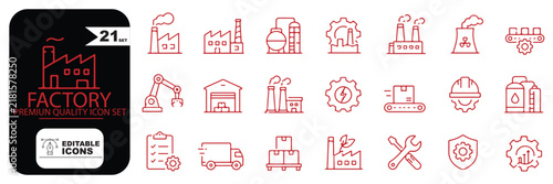 Factory icon set. Related to warehouse, industrial, manufacturing, conveyor and more. Manufacture icon set. Minimalist linear icons. Editable stroke. Vector illustration. 
