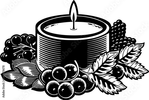 Decorative vector candle illustration with berries and detailed botanical leaves