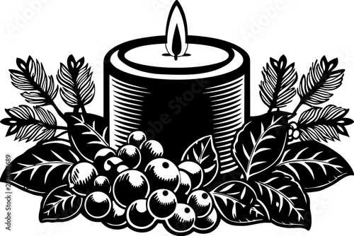 Black and white vector illustration of burning holiday candle centerpiece