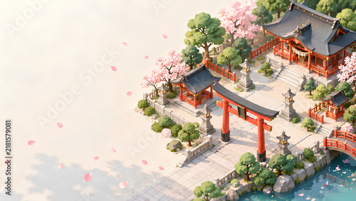 Fototapeta アイソメトリック3Dで描く春の日本神社境内、鳥居と桜のミニチュア風景