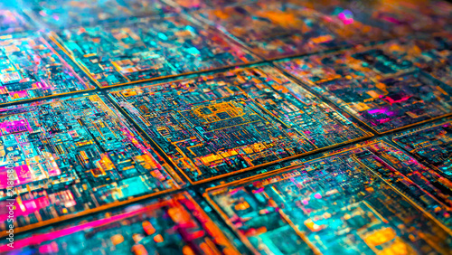 Macro view of iridescent silicon wafer with complex microchip circuitry and neon lighting.